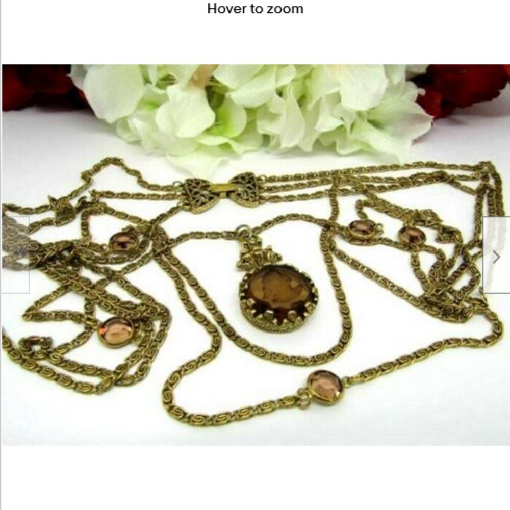 Vintage Goldette Intaglio SmokeyTopaz Cameo 5 Strand Gold Tone Bezel Necklace